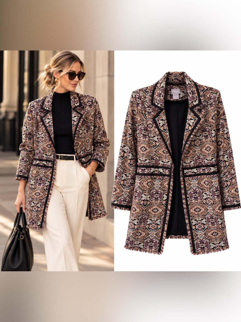 Chico’s Tapestry Jacquard Longline Blazer Jacket Size 2 12/14